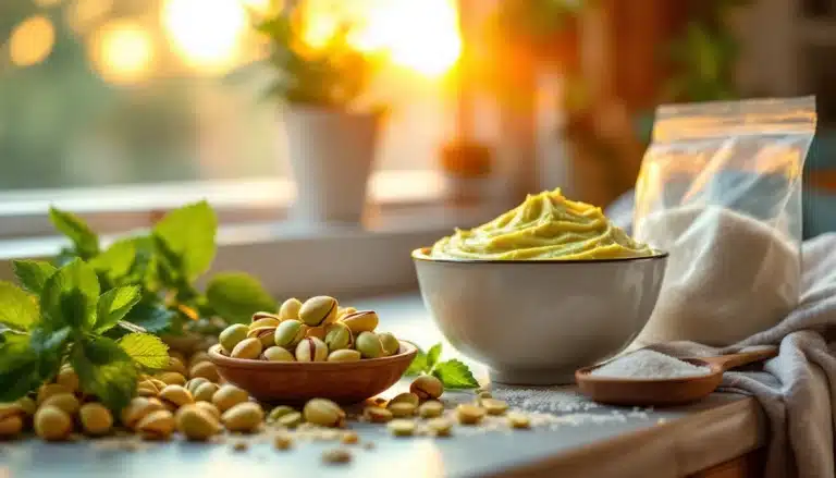 Pistachio cream and nuts on table at sunset.