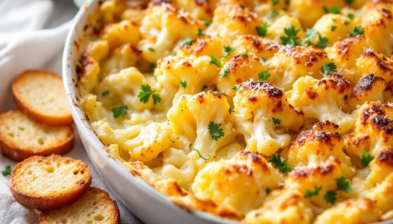 indulge in our cheesy cauliflower gratin, featuring tender cauliflower smothered in a rich cheese sauce and topped with a perfectly golden crust. this creamy and delicious dish is a delightful twist on a classic favorite, perfect for any occasion!