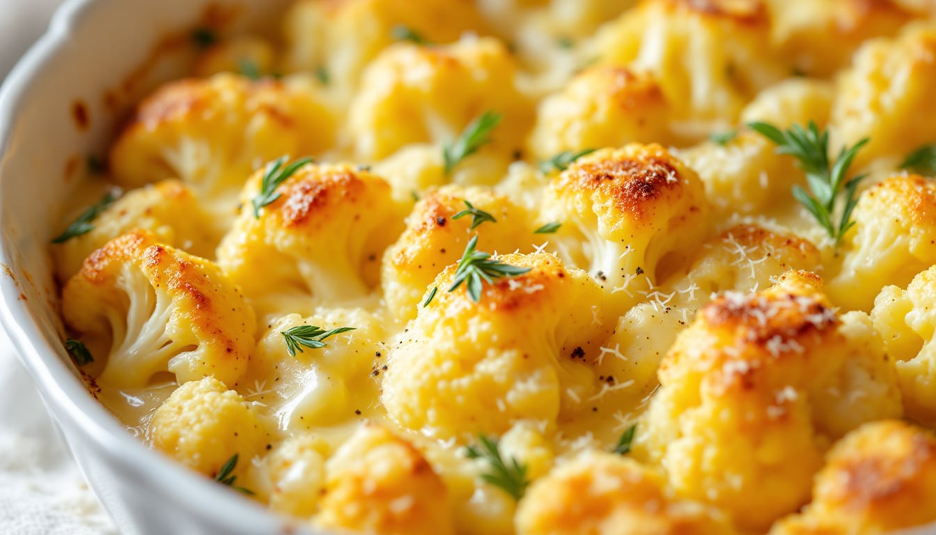 indulge in this delicious cheesy cauliflower gratin featuring a perfectly golden crust. a delightful blend of creamy cheese and tender cauliflower, this dish is an irresistible side that will elevate any meal. perfect for family gatherings or a cozy dinner at home!