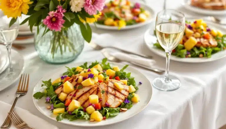 Grilled chicken salad with mango, wine on table.