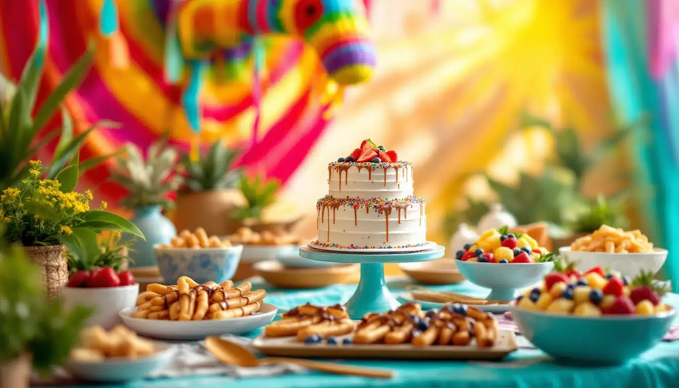 Colorful party table with cake and desserts