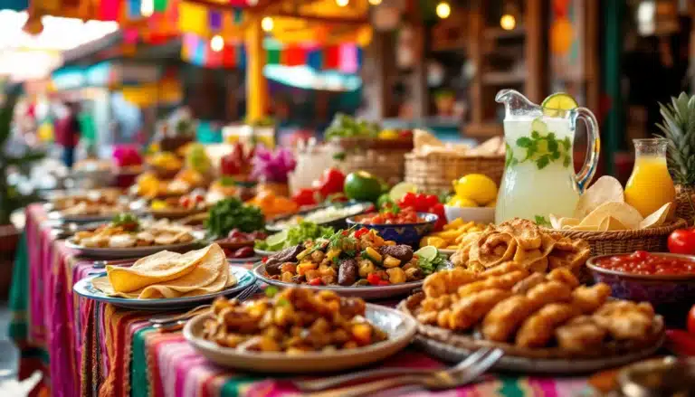 Colorful Mexican feast with various traditional dishes.