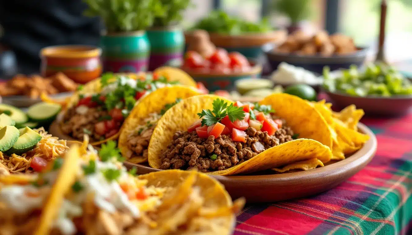 Colorful taco spread with toppings on table