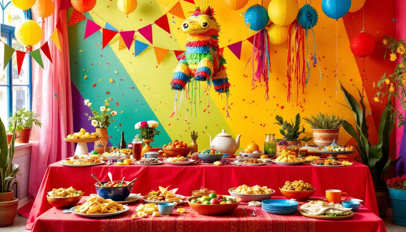 Colorful fiesta table with food and piñata decorations.