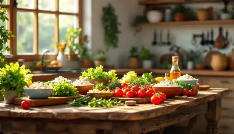 Fresh vegetables and herbs on rustic kitchen table.