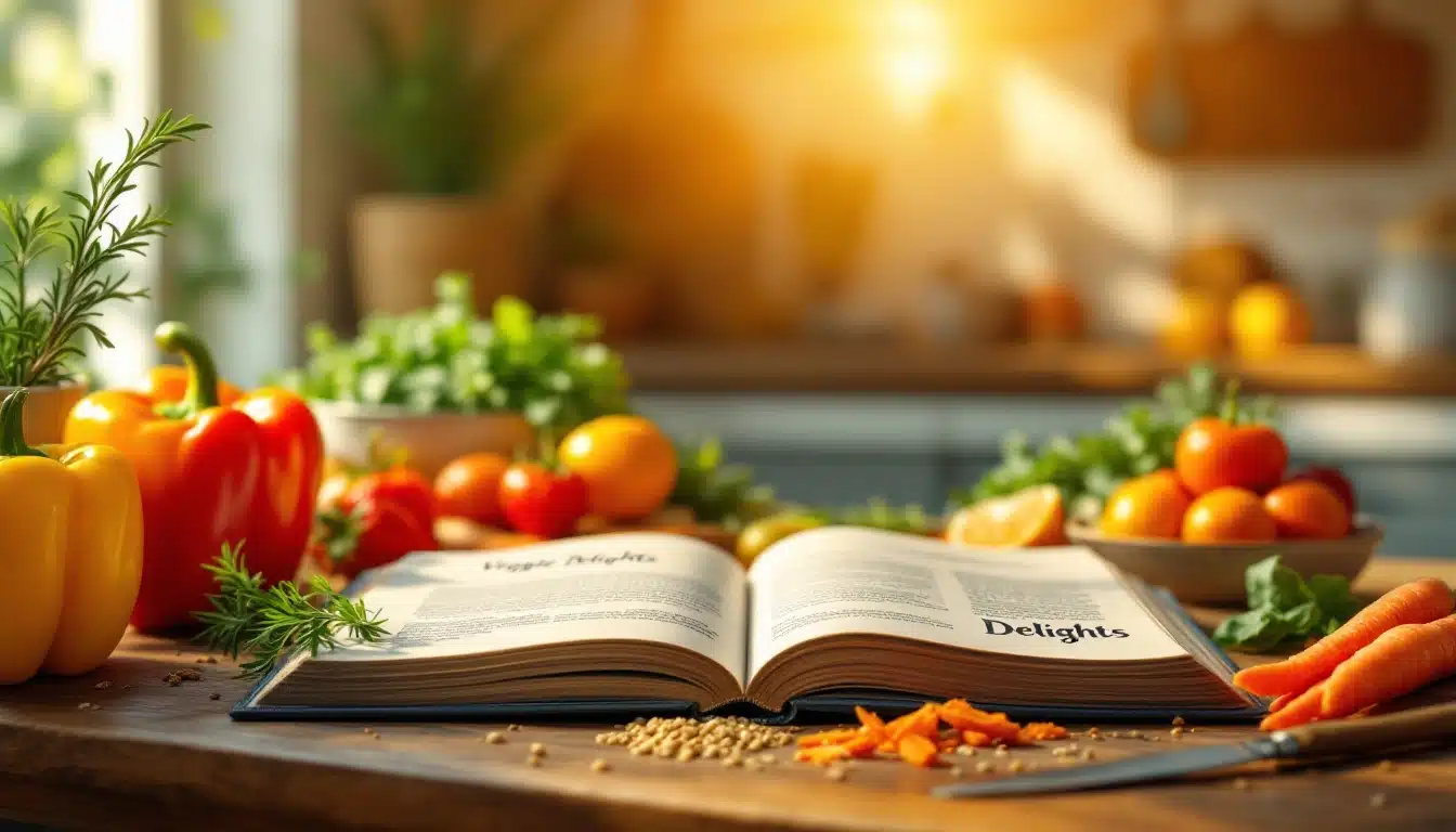 Open cookbook surrounded by fresh vegetables and herbs.