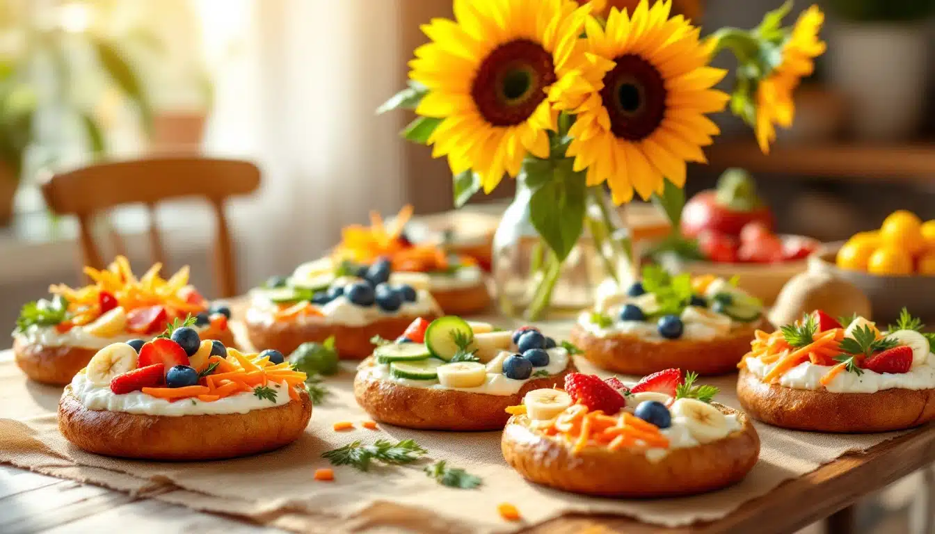 Colorful bagels with fruit and vegetables on table.