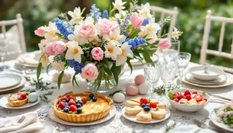 Elegant table setting with flowers and pastries