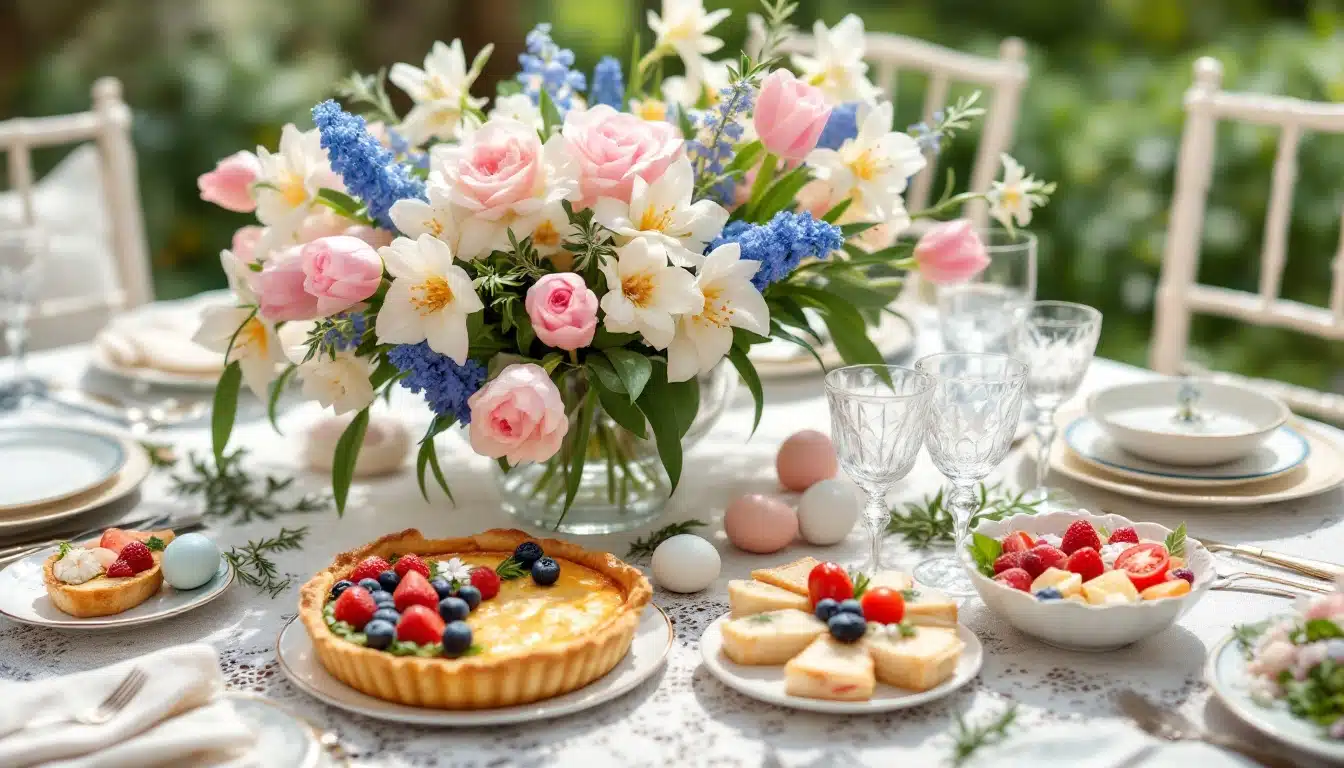 Elegant table setting with flowers and pastries