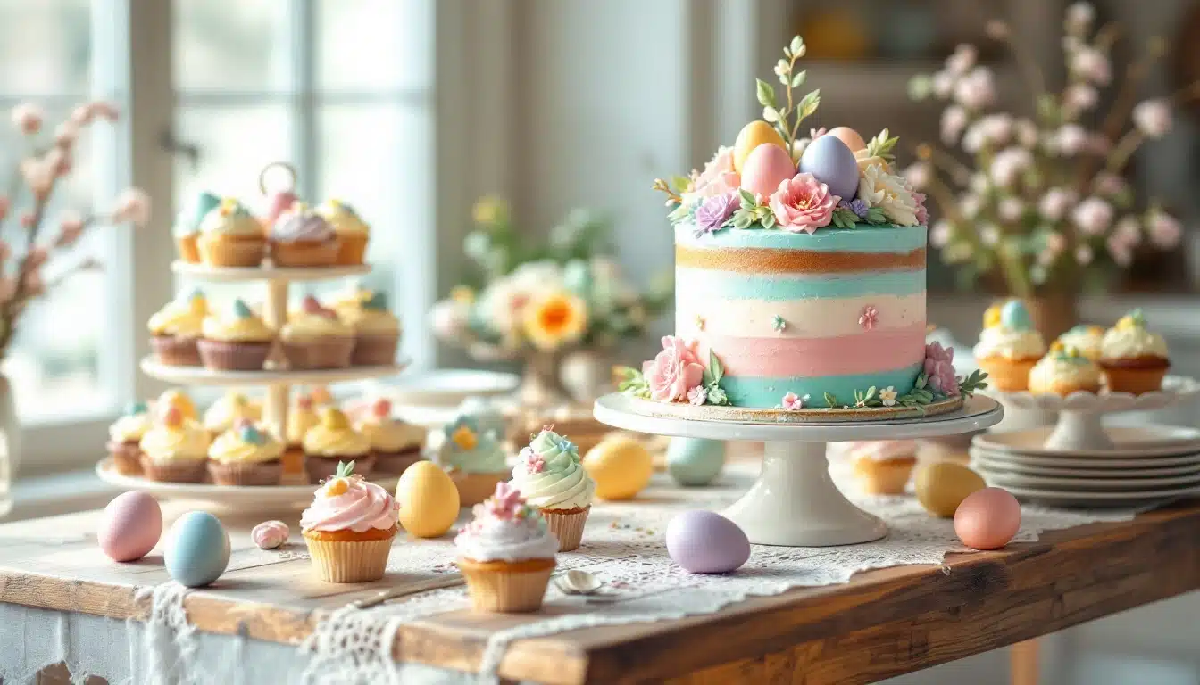 Easter cake and cupcakes with colorful eggs and flowers.