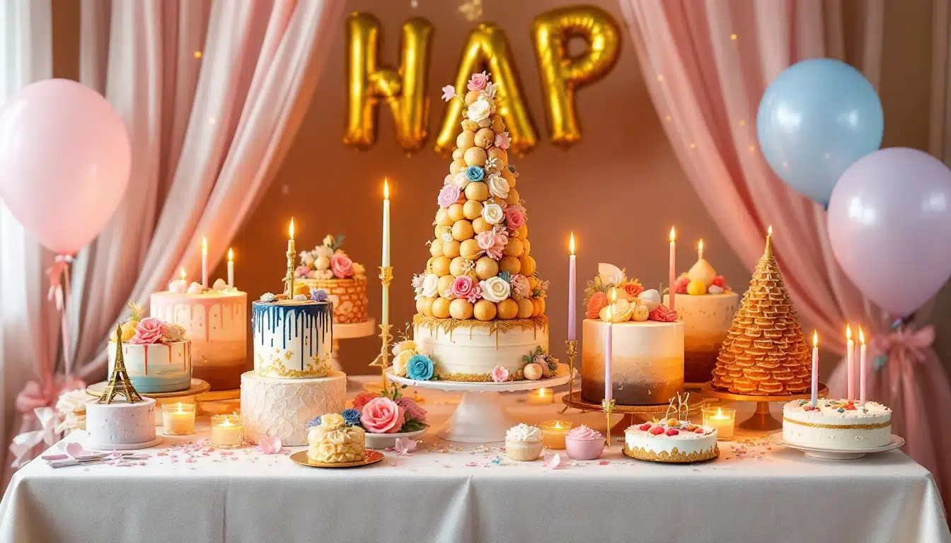 Elegant dessert table with cakes and balloons