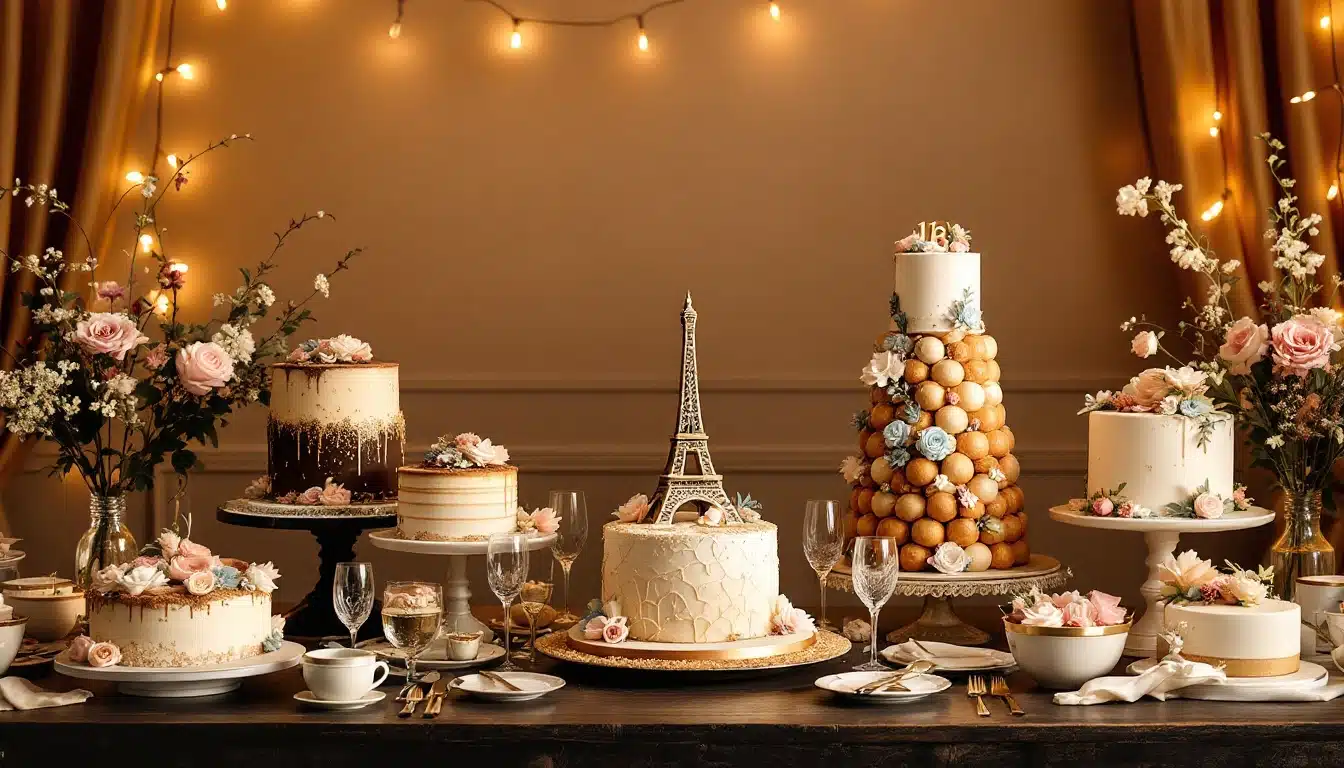 Elegant dessert table with floral and Eiffel Tower cakes.