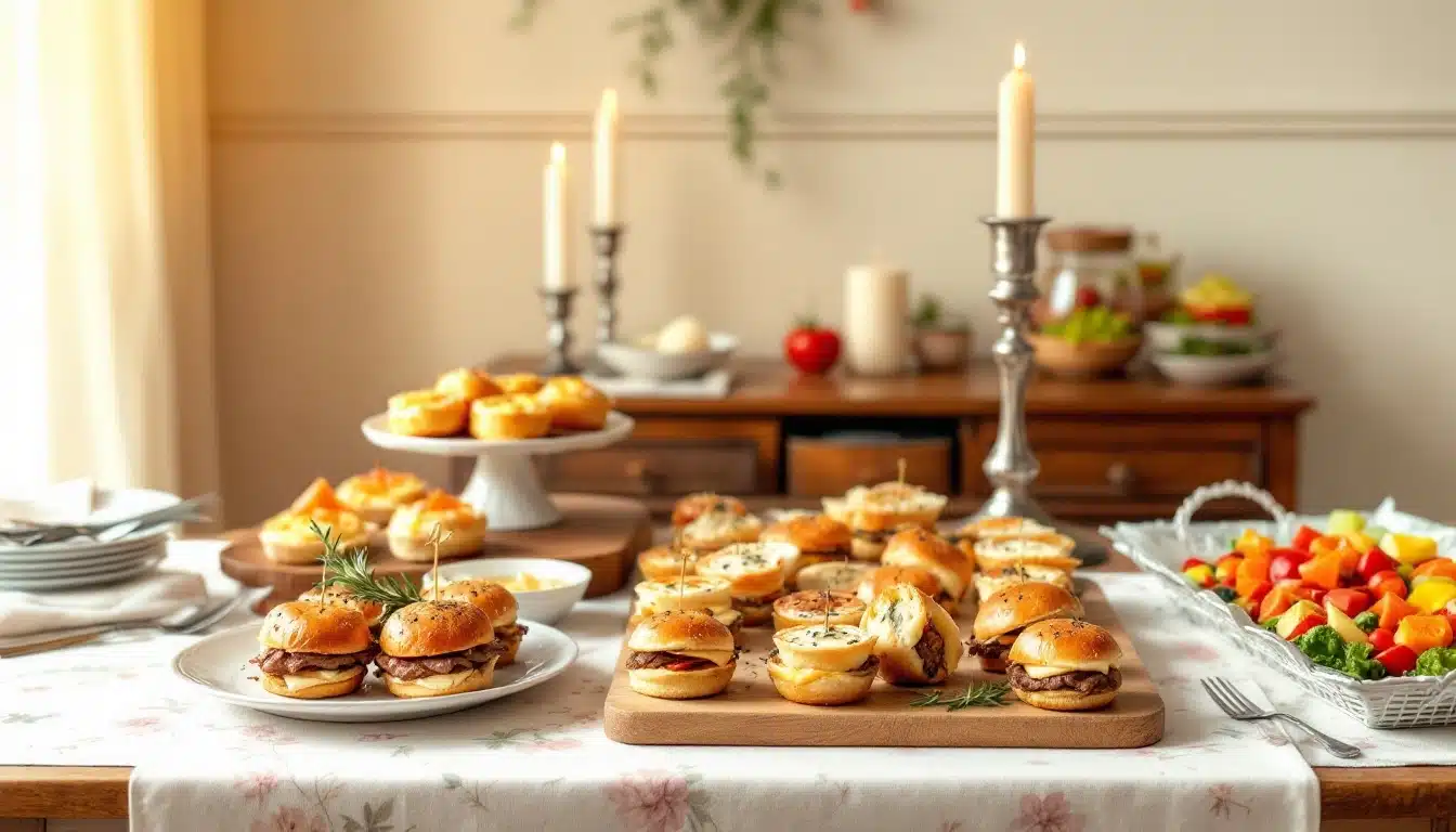 Buffet with sliders and fruit skewers.