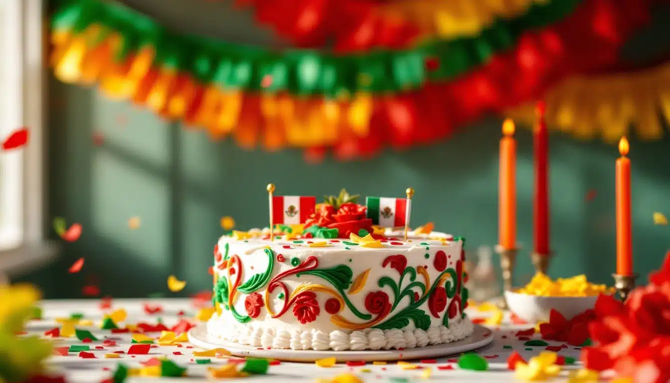Festive cake with flags and colorful decorations.