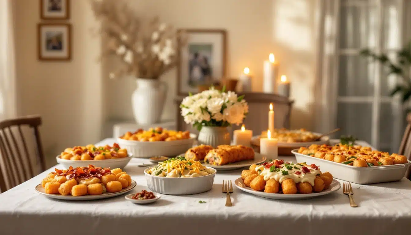 Elegant dinner table with candles and dishes.