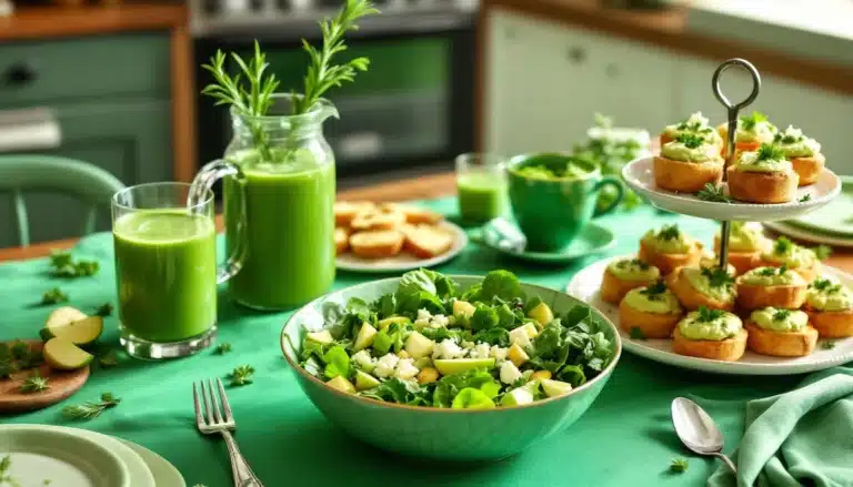 Fresh green salad with juice and savory pastries