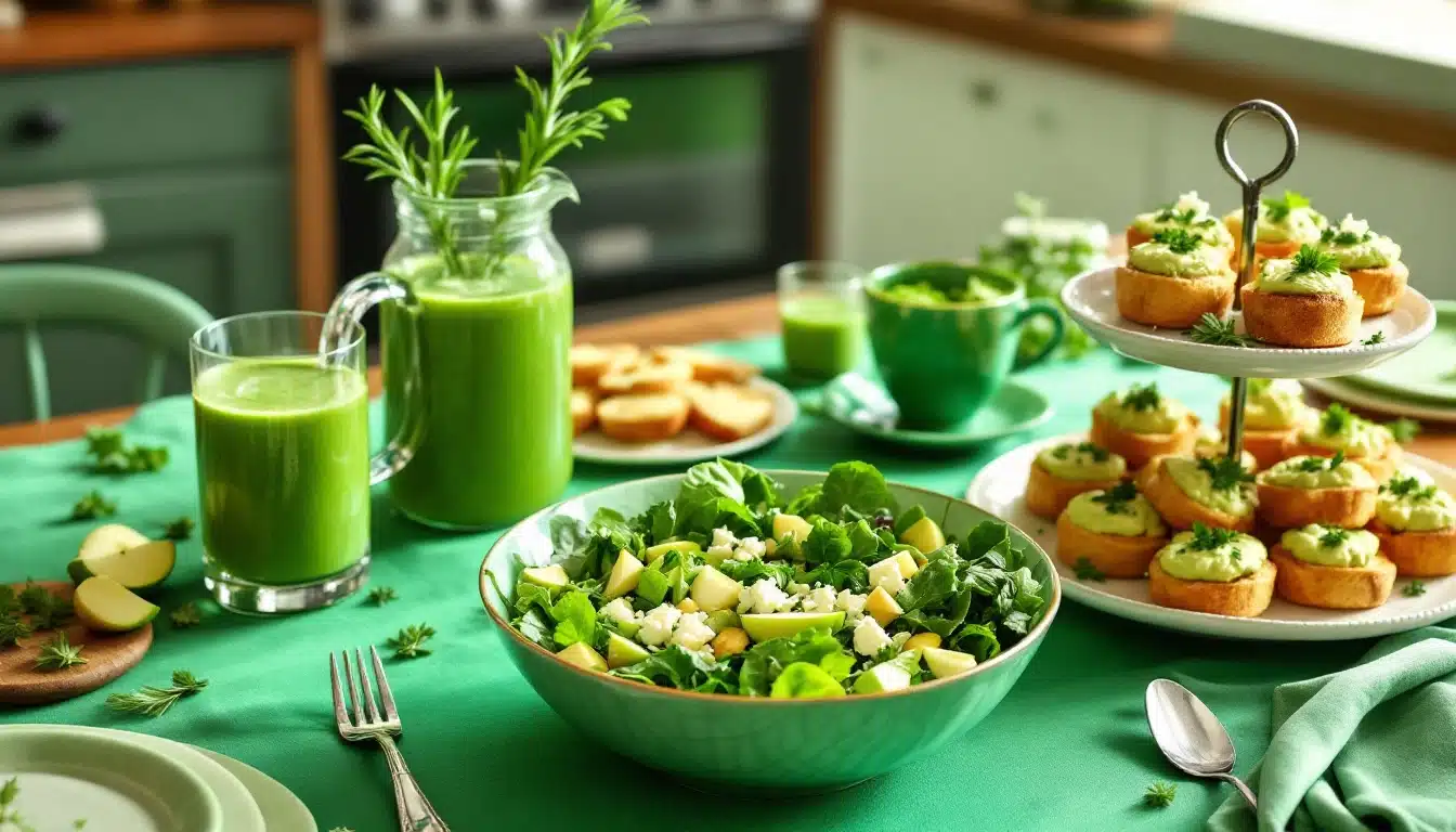 Fresh green salad with juice and savory pastries