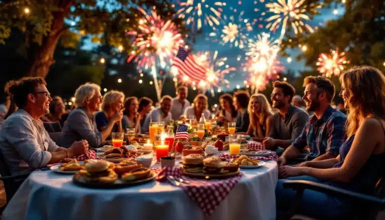 Group celebrating with fireworks at a festive table.
