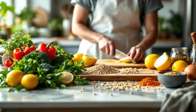 Person chopping vegetables and grains on kitchen counter.