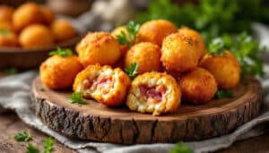 indulge in the authentic taste of spain with our homemade spanish croquettes featuring rich serrano ham. crispy on the outside and creamy on the inside, these delightful bites are perfect for appetizers or snacks. discover the perfect blend of flavors and textures in every mouthful!