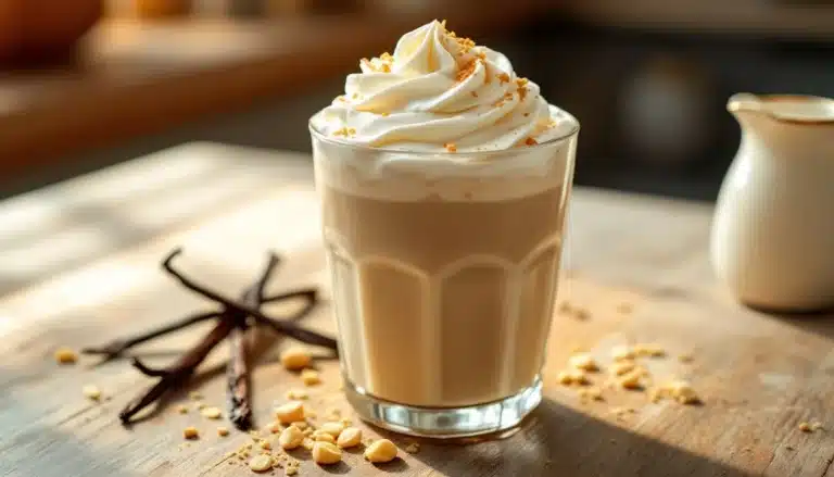 Vanilla latte topped with whipped cream and nuts.