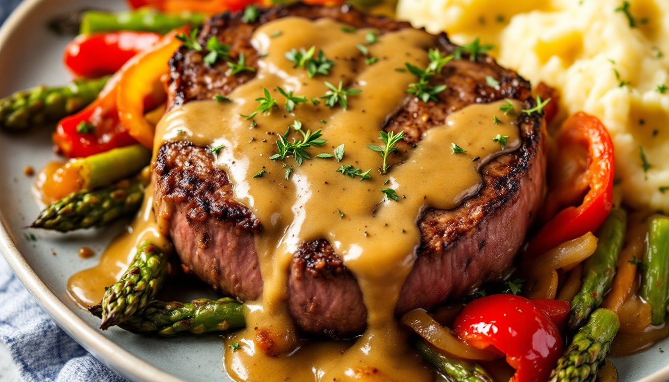 indulge in a mouthwatering mustard-glazed filet mignon with veggies, a delightful and easy recipe for your cookeo. perfectly tender steak topped with a zesty mustard glaze, complemented by fresh vegetables for a satisfying meal.