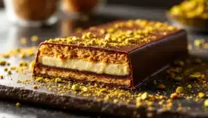 Chocolate pistachio dessert with creamy layers.