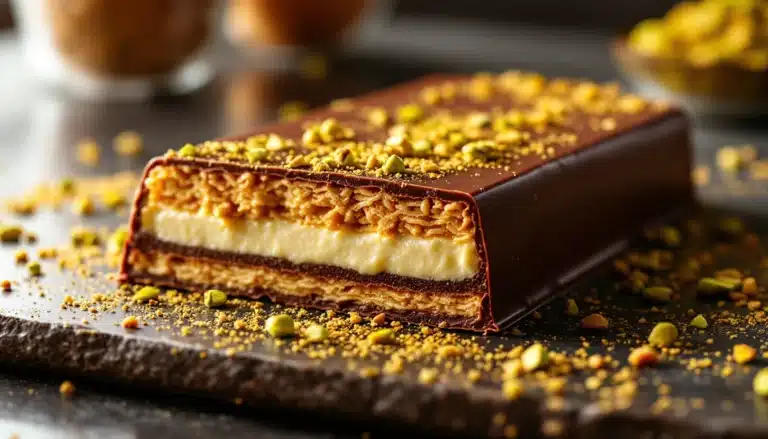 Chocolate pistachio dessert with creamy layers.
