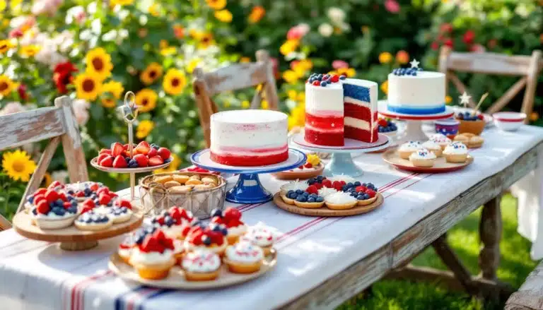 Festive desserts on outdoor table with flowers.