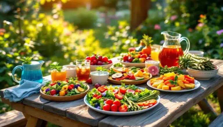Colorful summer picnic with fresh fruits and drinks.