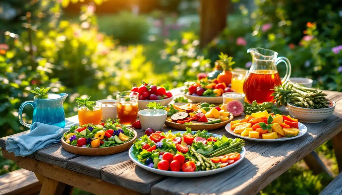 Colorful summer picnic with fresh fruits and drinks.