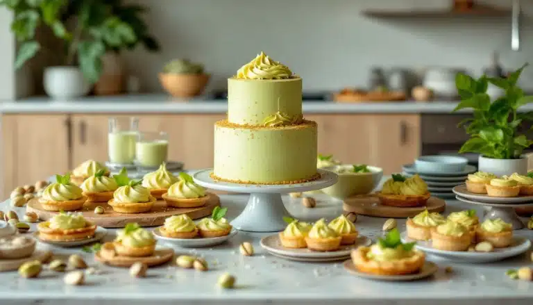 Green pistachio cake and tarts on table.