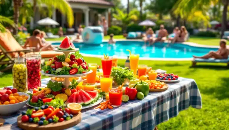Colorful fruit buffet by a sunny poolside.
