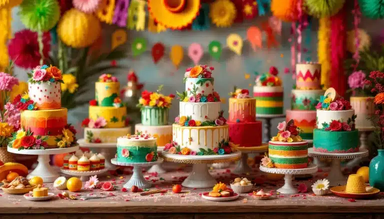 Colorful festive cakes with vibrant decorations on table.