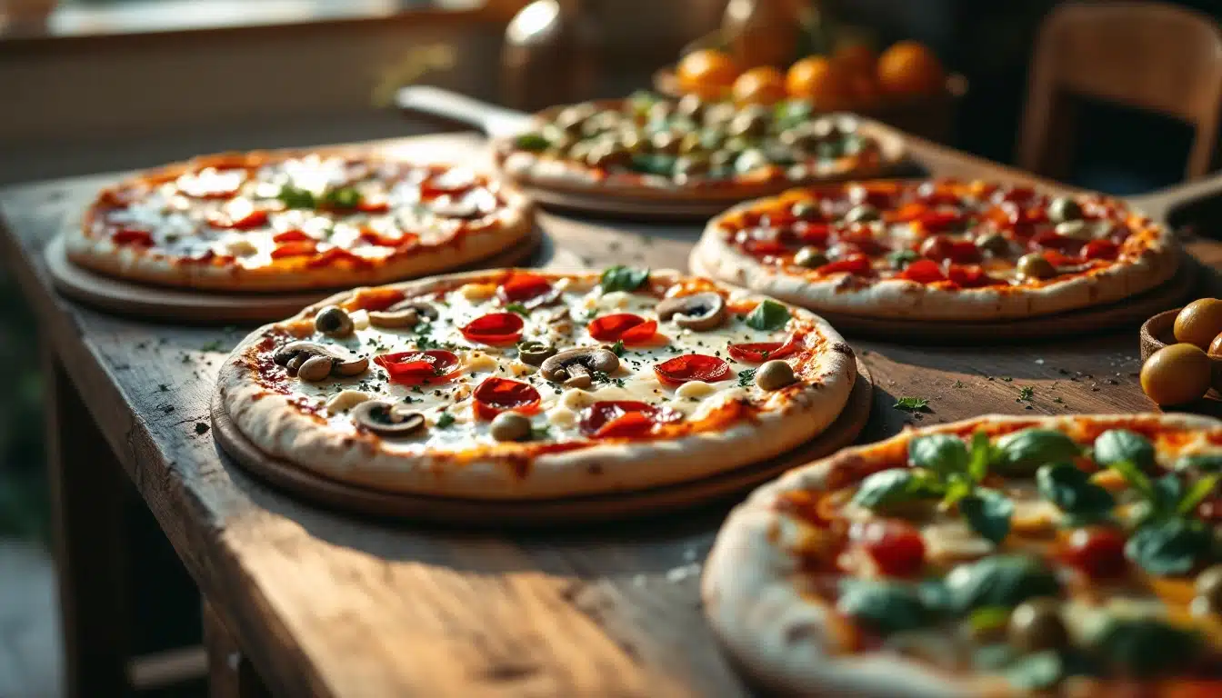 Assorted pizzas with various toppings on wooden table.