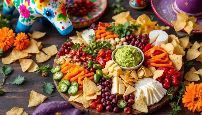 Colorful Mexican snack platter with guacamole and chips