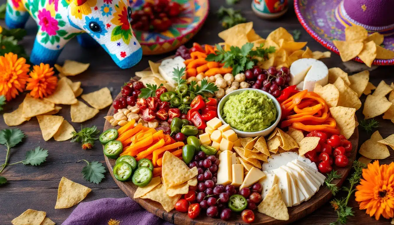 Colorful Mexican snack platter with guacamole and chips