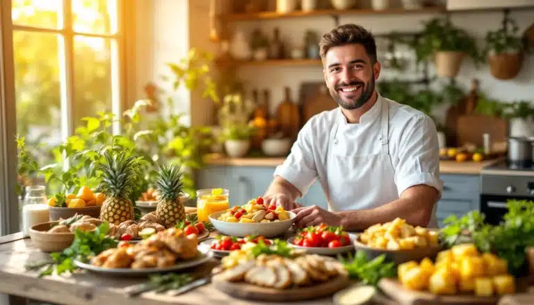 Smiling chef preparing fruit salad in sunny kitchen.
