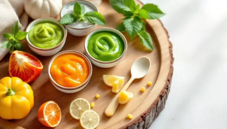 Colorful fruit purees in bowls with citrus slices