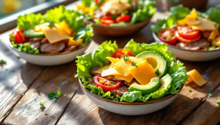 Fresh salad with avocado, cheese, tomatoes, and lettuce.