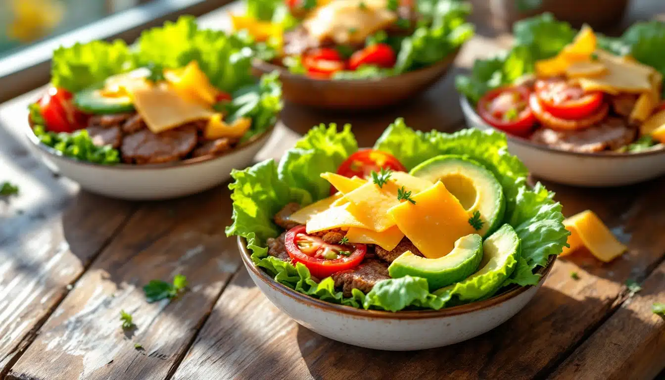 Fresh salad with avocado, cheese, tomatoes, and lettuce.