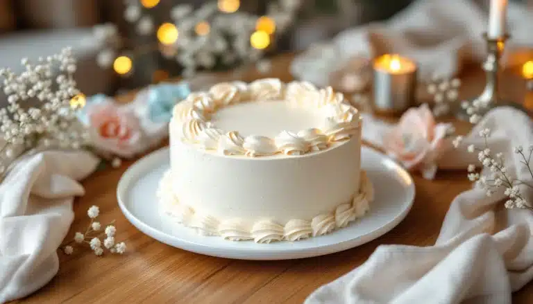 Vanilla cake with floral decor on wooden table.