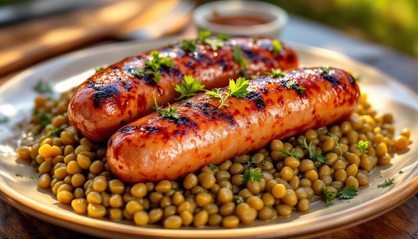 discover the delicious flavors of savory sausages paired with hearty lentils in this satisfying dish. perfect for a comforting meal, it's a delightful combination that will warm your soul and please your taste buds. ideal for any occasion!