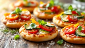 savor the flavors of spring with our spring vegetable mini pizzas! these delicious bite-sized treats are perfect for gatherings or a light snack, topped with fresh seasonal veggies and melted cheese for a delightful taste experience.