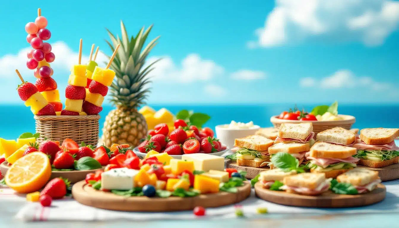 Colorful picnic with fruit and sandwiches by ocean.