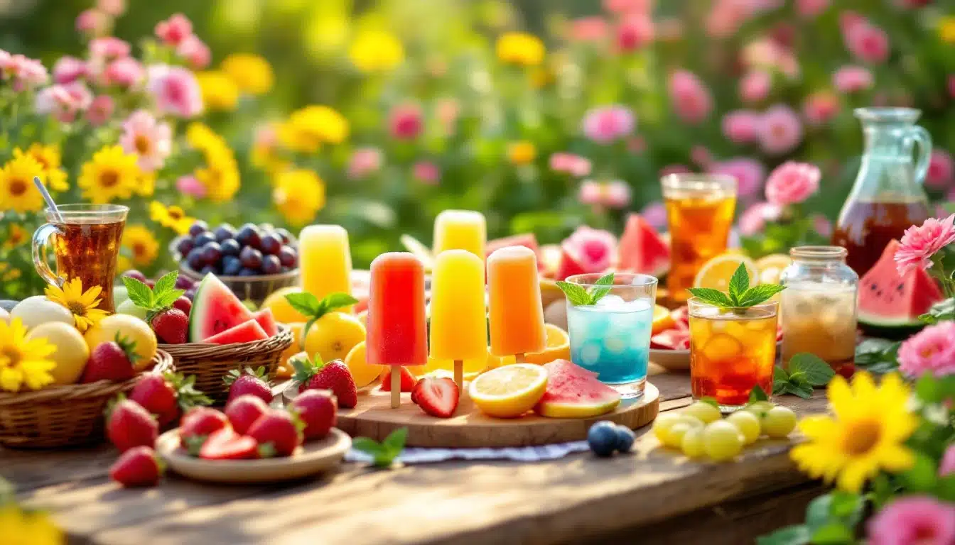 Colorful summer picnic with fruit and drinks.