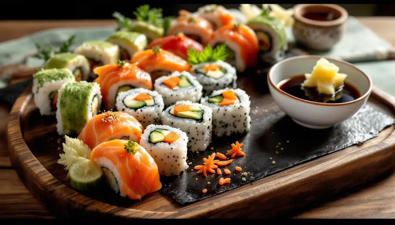 Colorful sushi platter with soy sauce bowl.