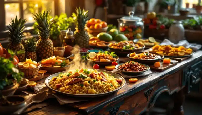 Colorful spread of tropical fruits and dishes.