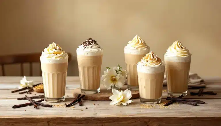 Five vanilla milkshakes with whipped cream on table.
