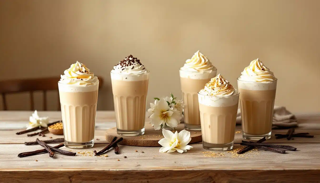 Five vanilla milkshakes with whipped cream on table.